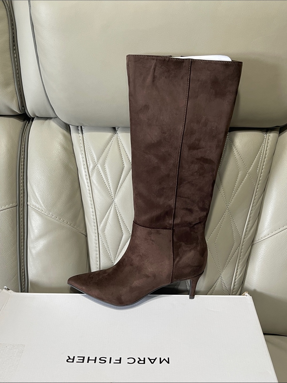 Marc Fisher Over-the-Knee Slim Heel Boots in Dark Brown Suede - Picture 6 of 9
